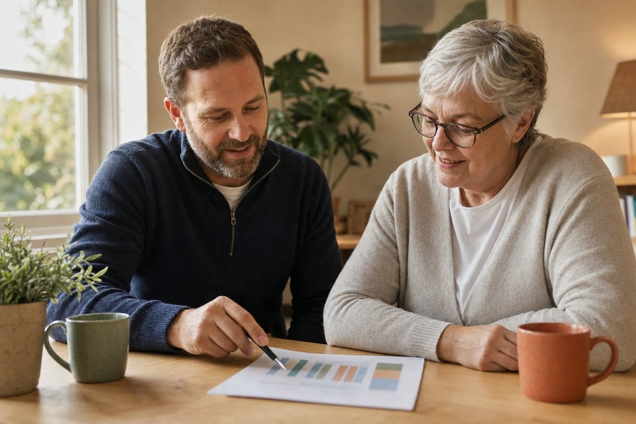 A coach and a client in her sixties reviewing a printed report together at a table
