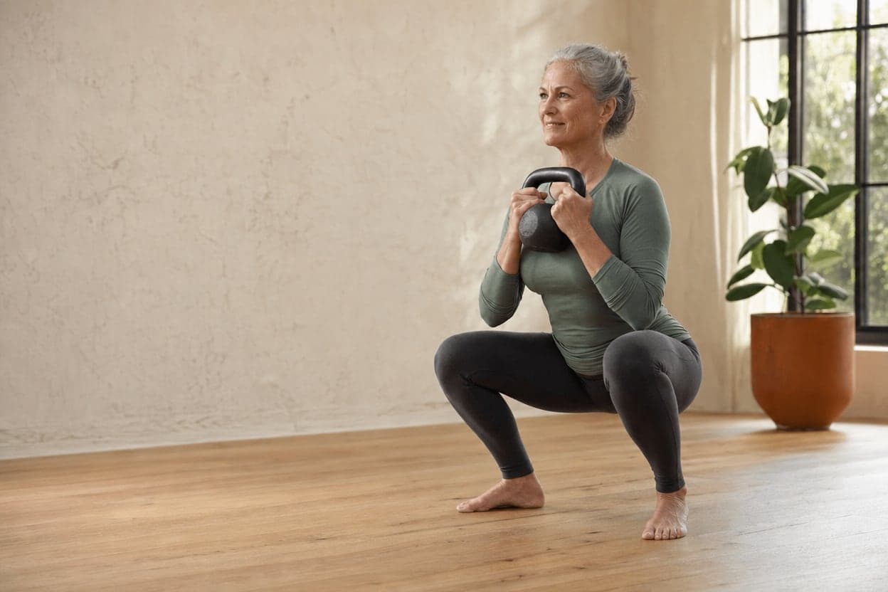 A woman in her fifties doing a goblet squat with a kettlebell in a bright studio
