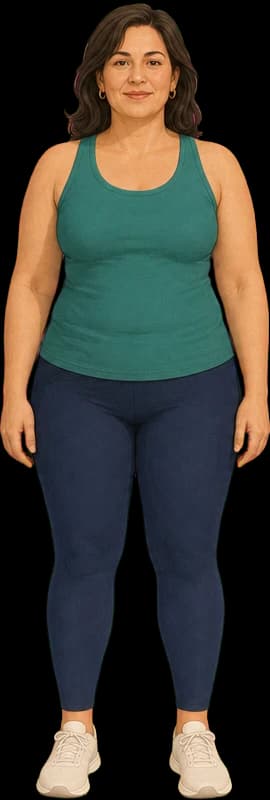 Illustration of a woman in her late 40s with a softer midsection and less muscle tone.