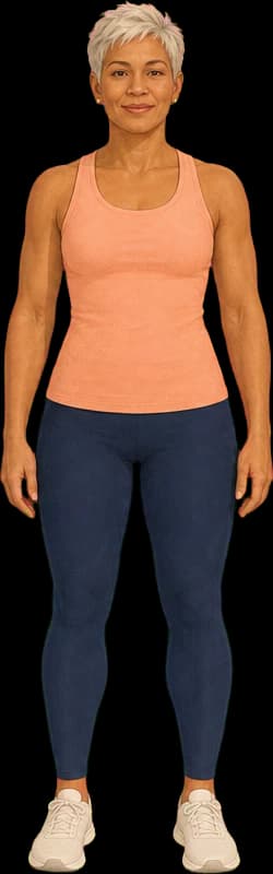 Illustration of a woman in her late 40s, the same height, with toned arms and a firmer midsection.